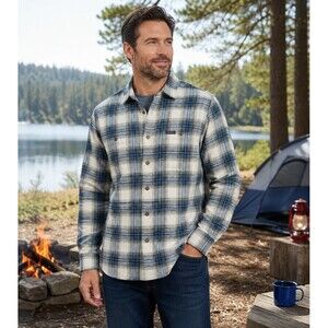 Eddie Bauer Flannel Shirt Men L Ivory Blue Classic Fit Plaid Button Long Sleeve